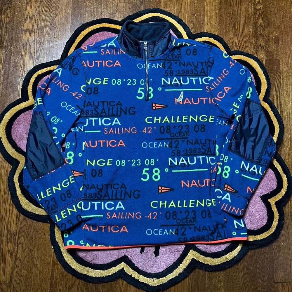 Nautica 1/4 Zip All Over Print Fleece Size XL Blue